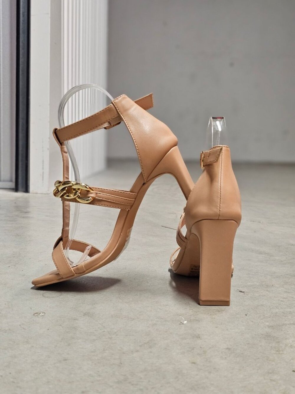 Gold Chain Accent Nude High Heel Sandals With Buckle Strap